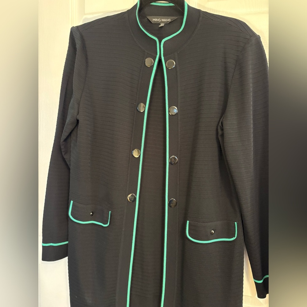 Ming Wang Black Travel Knit Jacket Teal Trim Long Cardigan quiet luxury M NWOT - Picture 7 of 9